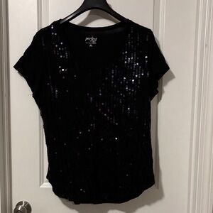 New York & Company Black Sequin Short Sleeve Top